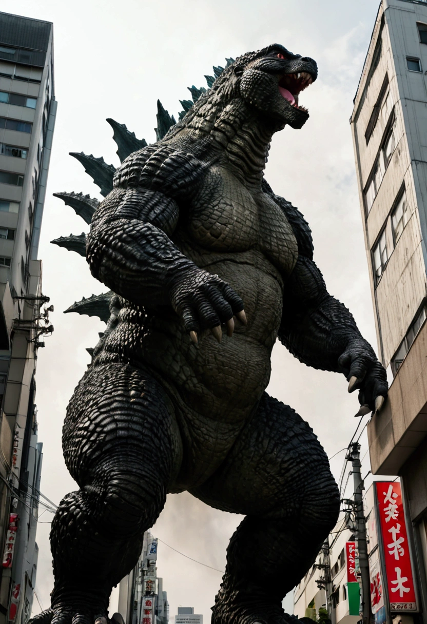 Godzilla is on a rampage in Tokyo, low angle shot