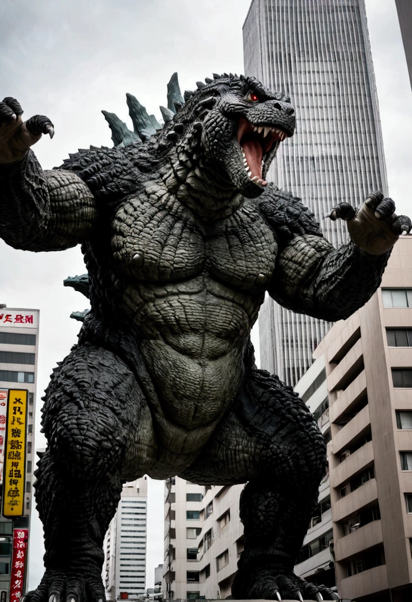 Godzilla is on a rampage in Tokyo, low angle shot
