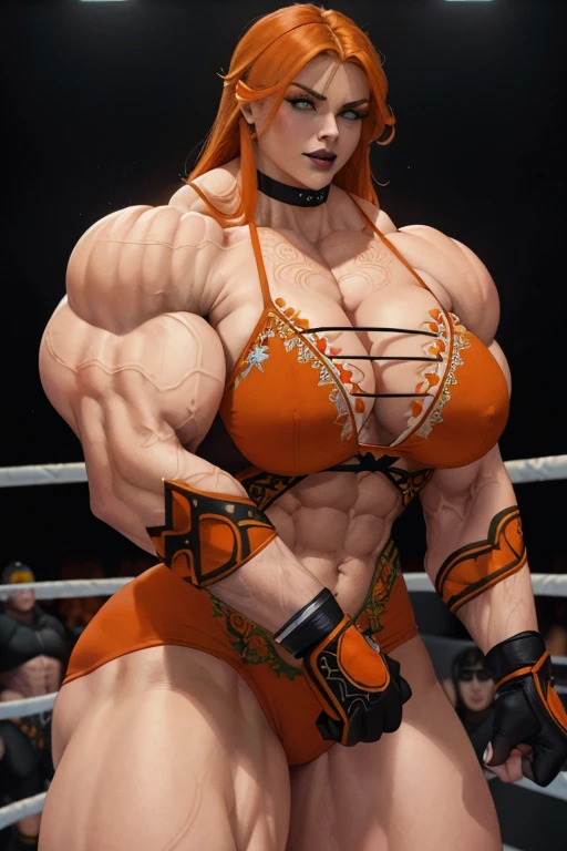 ((Close-up)), tall, (orange hair) beautiful muscular woman, long shaggy hair, pale white skinned, closed smile, large breast, (black lipstick), (massive muscles), (hyper muscle), ((ginormous bulky muscles)), green eyes, ((orange pro wrestler suit embroidered with intricate designs)), (elbow pads), choker, boots, in a wrestling ring at night, 