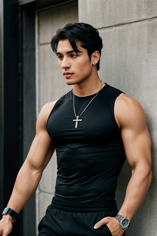 chico with black hair, with delicate but manly features. He wears a black compression shirt and comfortable gray pants.. As accessories, she has a watch with a black leather strap and a chain with a snake pendant.