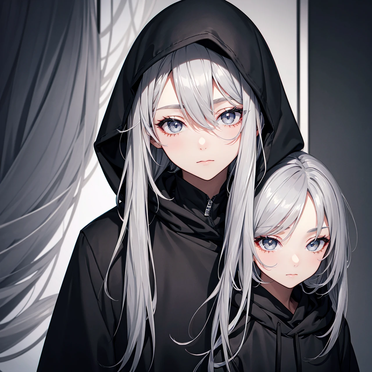 Beautiful youth,Silver Hair,((Grey Eyes)), Shoulder-length hair, Black Mask, Black hoodie, Wearing a hood,high quality, Draw Amount, Pixiv illustration