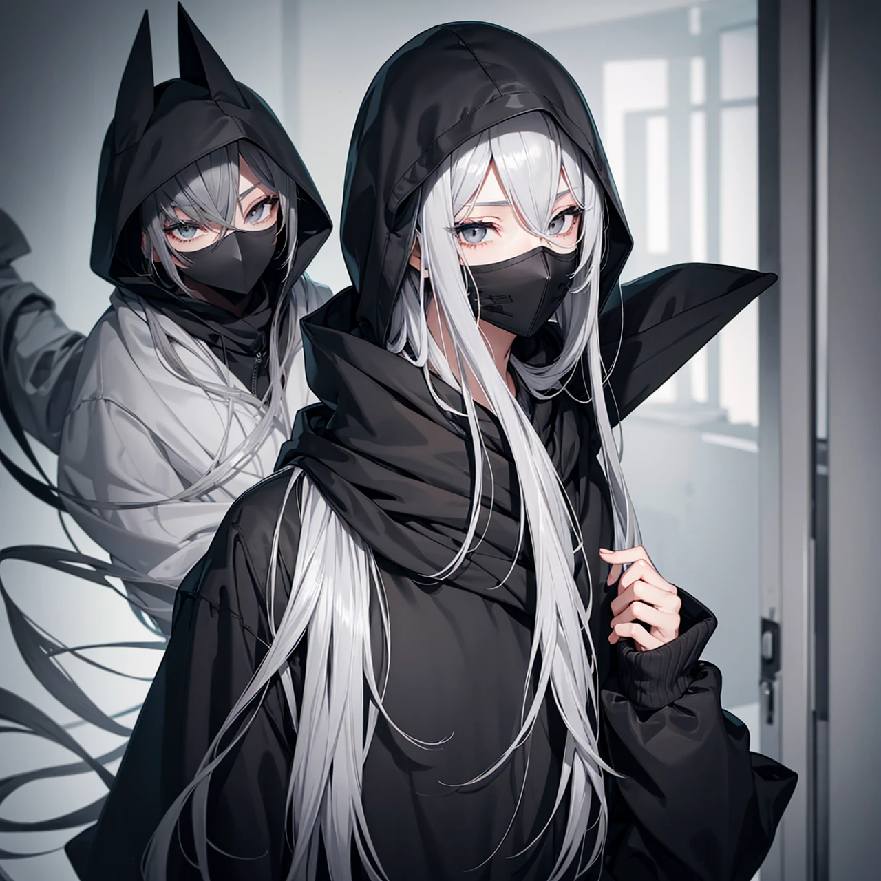 Beautiful youth,Silver Hair,((Grey Eyes)), Shoulder-length hair, Black Mask, Black hoodie, Wearing a hood,high quality, Draw Amount, Pixiv illustration