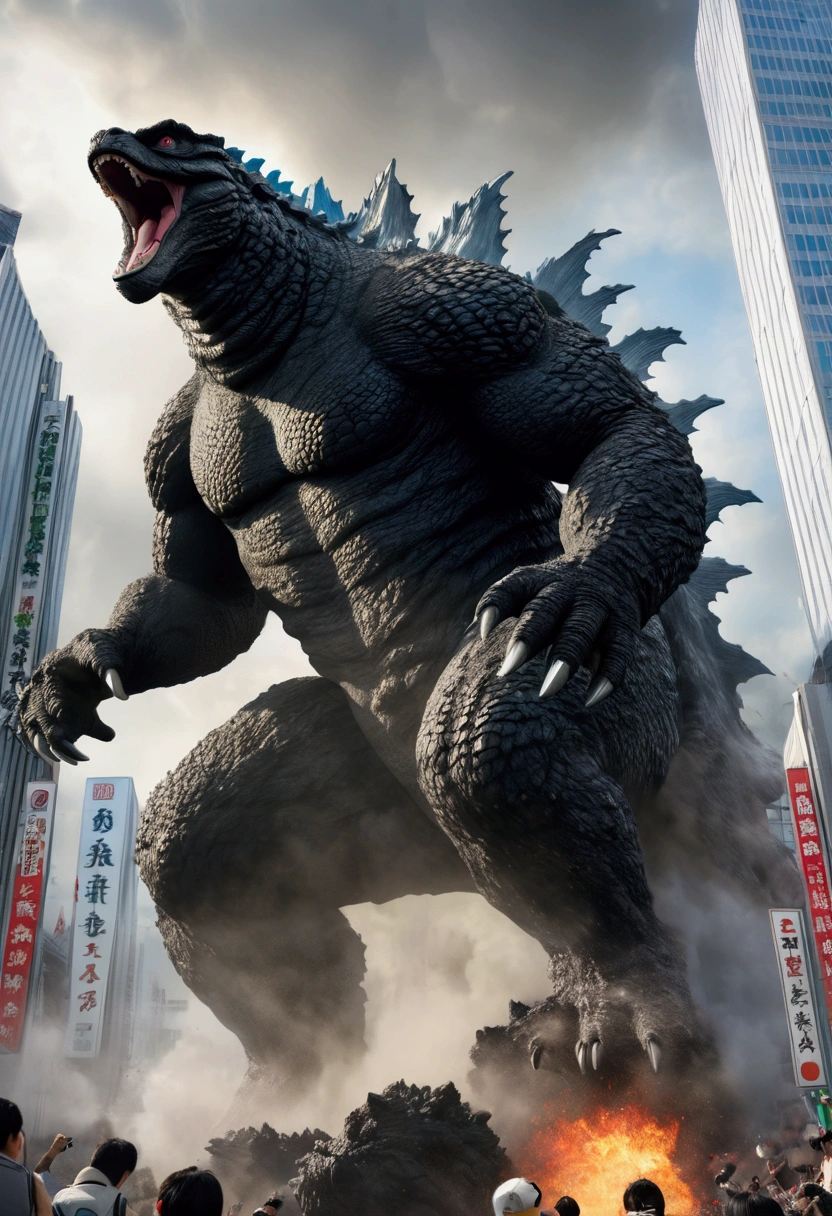 Godzilla is on a rampage in Tokyo, low angle shot