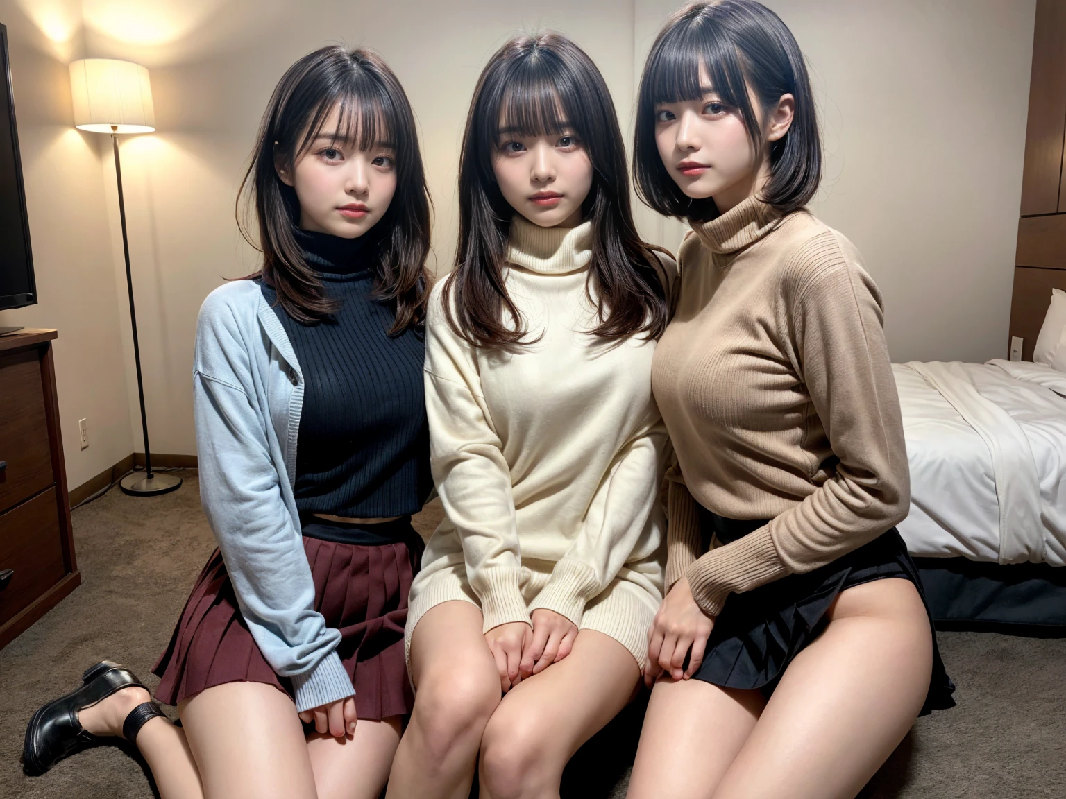 masterpiece, best quality, illustration, Super detailed, fine details, High resolution, 8K,wall paper, perfect dynamic composition,(Details High quality, realistic depiction of eyes:1.3), (3 girls), (Fleece jacket, turtleneck sweater, pleated skirt:1.2), sitting, open legs, short bob hair, in a hotel room in the background, deep on field, large breasts, black hair color, Big Natural Color Lip, (perfect body shape), crying a little、Harajuku style、20 year old girl、cute type、beautiful legs, Gravure Idol