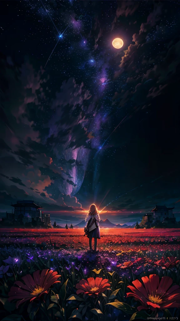 expansive landscape photography, (a bottom view showing the sky above and open country below), a girl standing in a field of flowers looking up, (full moon: 1.2), (shooting stars: 0.9), (nebula : 1.3), distant mountain, BREAK tree production art, (warm light source: 1.2), (Firefly: 1.2), lamp, lots of purple and orange, intricate details, volumetric lighting, BREAK realism (masterpiece: 1.2) , (best quality), 4k, ultra-detailed, (dynamic compositing: 1.4), highly detailed, colorful details, (iridescent colors: 1.2), (bright lighting, atmospheric lighting), dreamy, magical, (solo: 1.2)