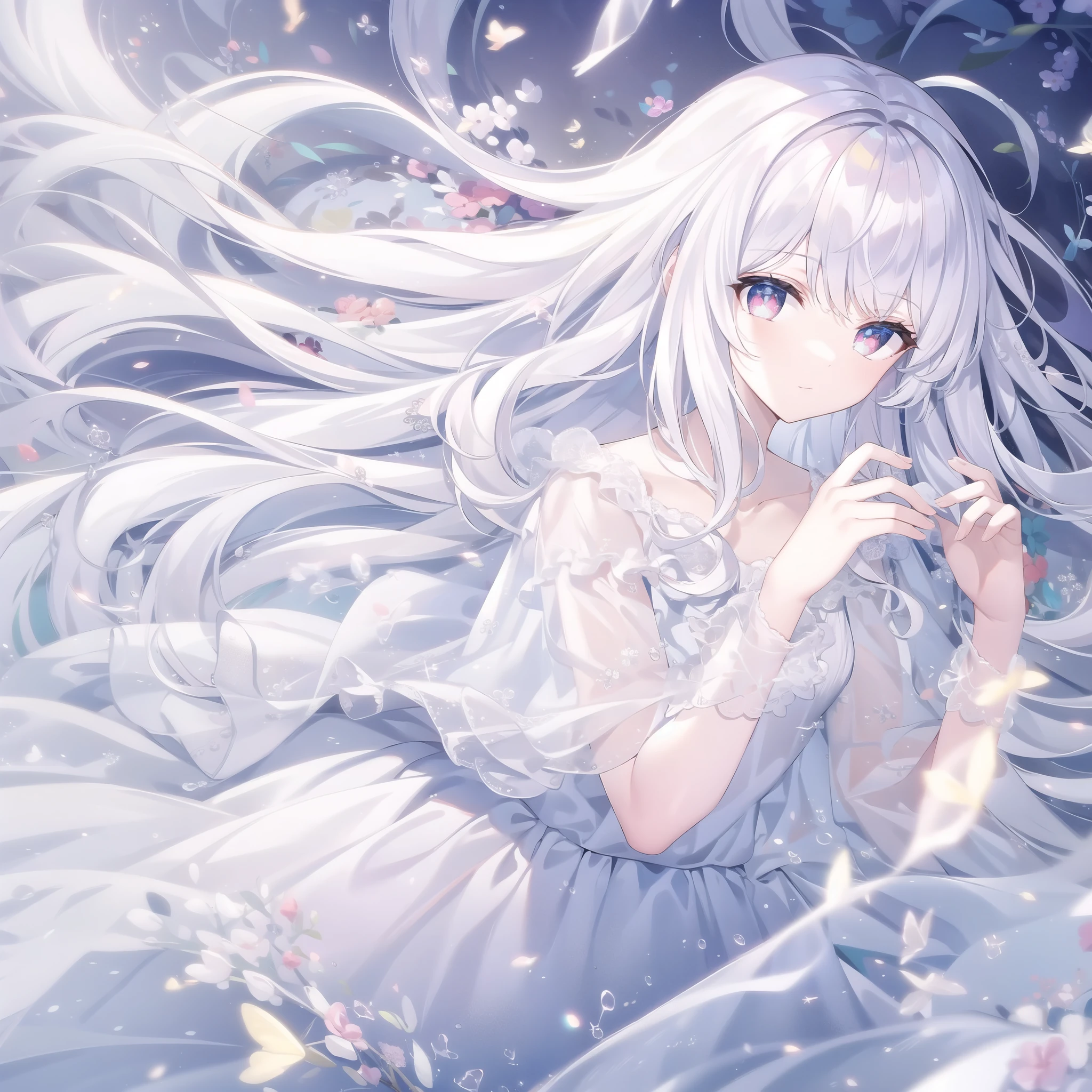 ((masterpiece, best quality))++, Detailed lighting+, Detailed hair+, Detail hand+ ,1 girl, Miss, Long hair, Crimson eyes, beautiful eyes, young white hair,,(Beautiful white hair:1.5),(Beautiful and delicate eyes), high resolution+,glass tint, Reflective eyes, {{angle}} , Very detailed wallpaper, The original, Air bangs,Extremely beautiful CG,Firefly,Nature,Wilderness