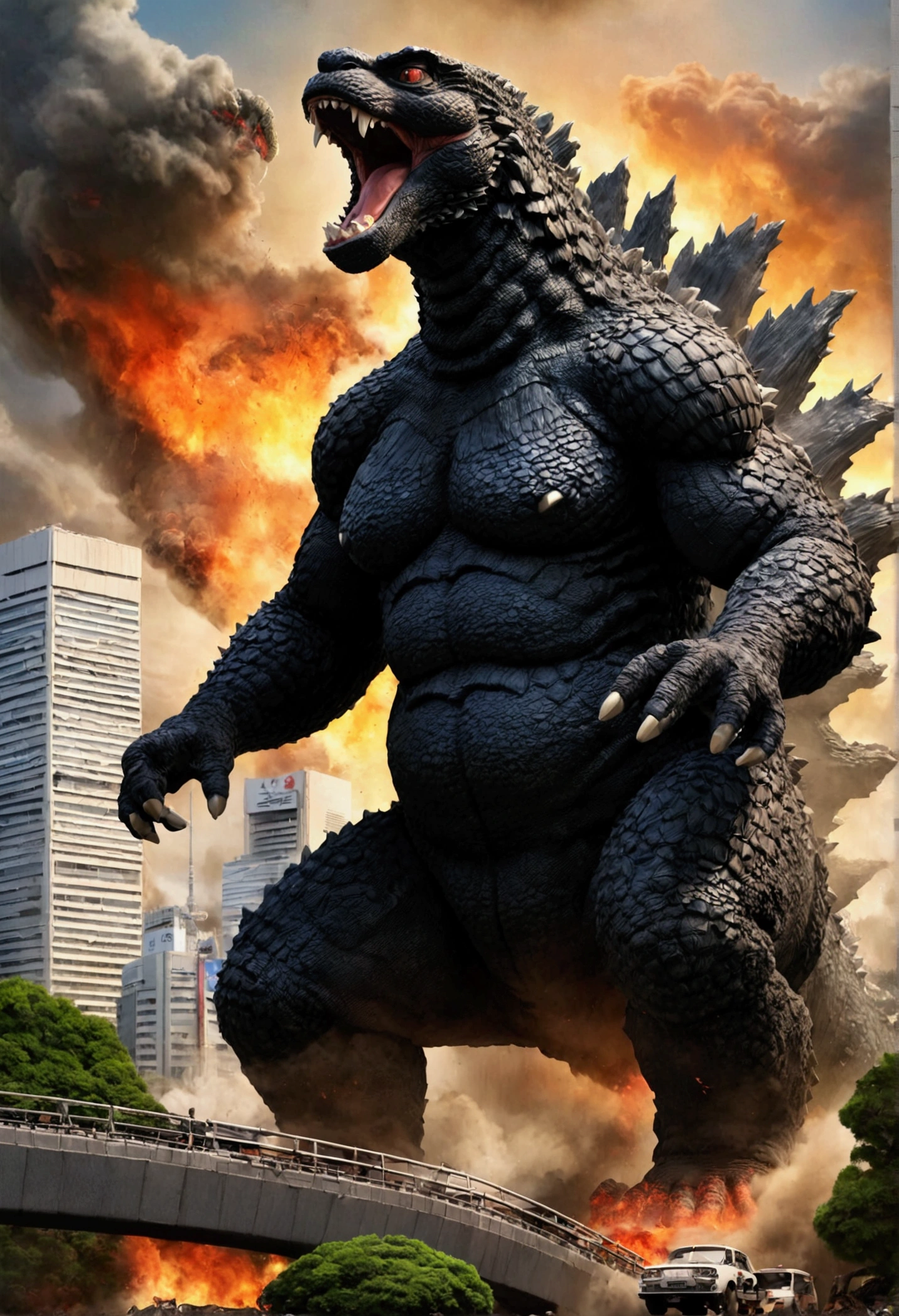 Godzilla is on a rampage in Tokyo, low angle shot
