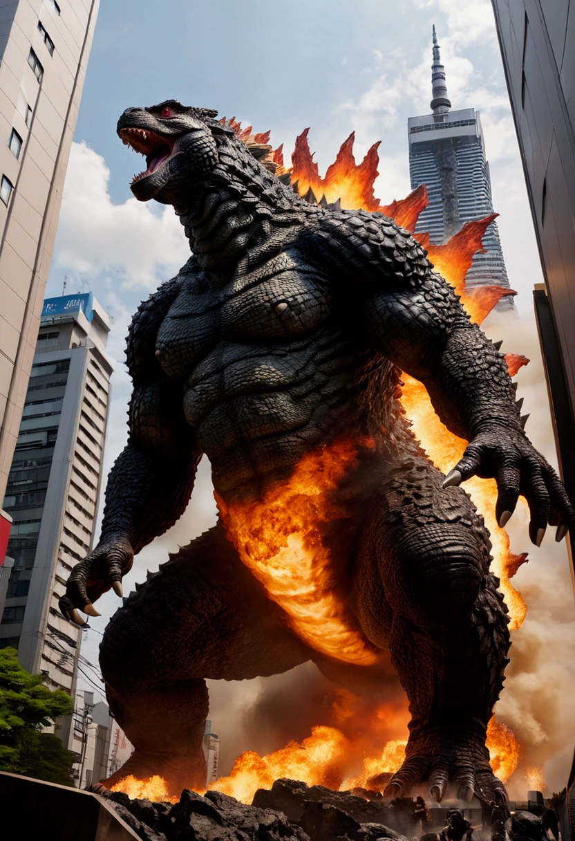 Godzilla is on a rampage in Tokyo, low angle shot