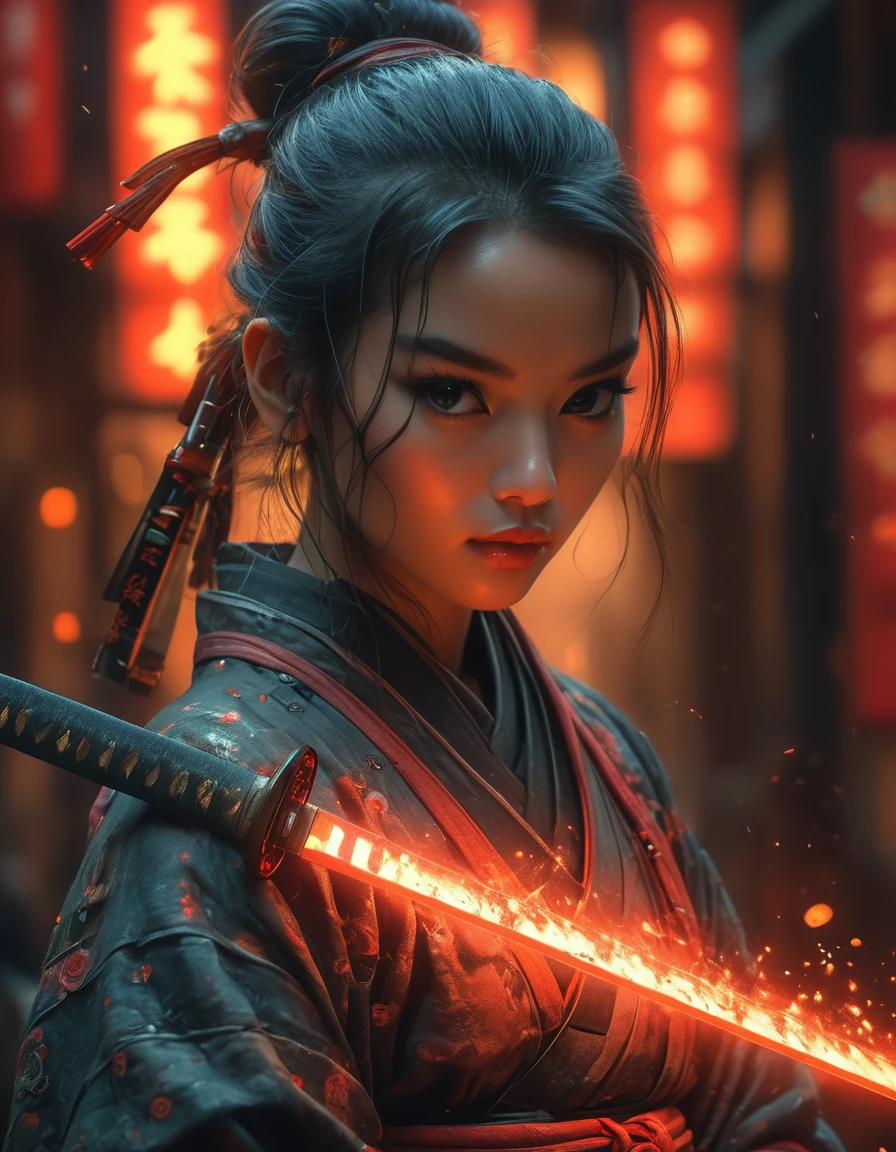 Samurai, 25yo woman, hyperrealism, very detailed skin, 4k,,, AshleyWoodArtAI,, katana profile picture, Organic Painting, night time, Matte Painting, bold shapes, hard edges, street art, trending on artstation, by Huang Guangjian and Gil Elvgren and Sachin Teng, Glow, katana