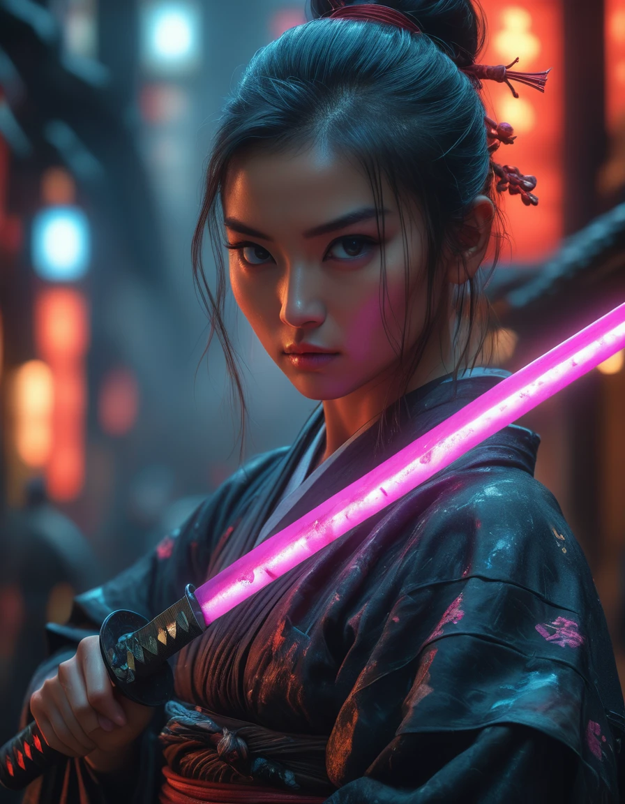 Samurai, 25yo woman, hyperrealism, very detailed skin, 4k,,, AshleyWoodArtAI,, katana profile picture, Organic Painting, night time, Matte Painting, bold shapes, hard edges, street art, trending on artstation, by Huang Guangjian and Gil Elvgren and Sachin Teng, Glow, katana