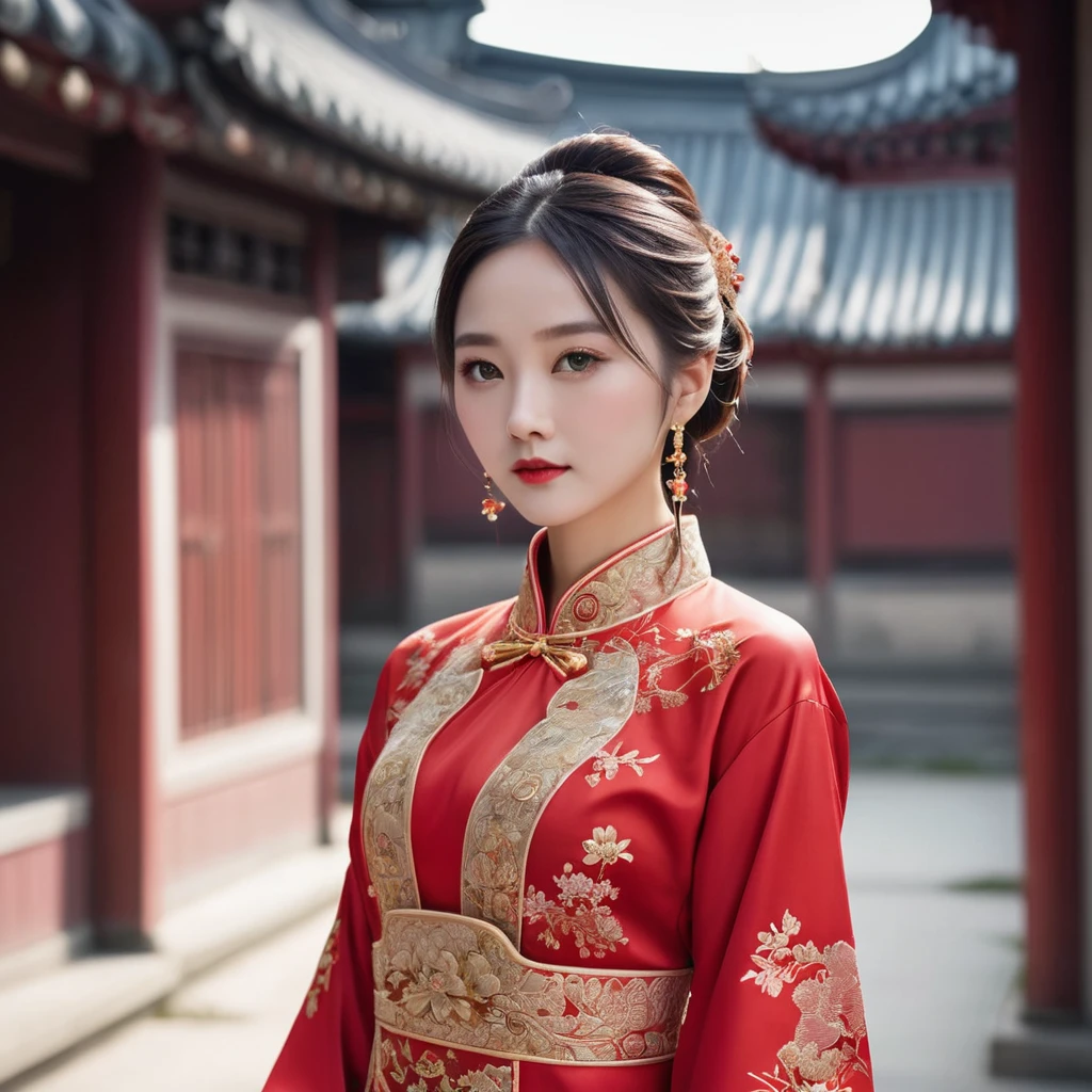 ((Highest quality)), ((masterpiece)), (detailed), (Perfect Face)、The woman has her medium-long hair tied up and is wearing a gorgeous red Chinese dress with gold embroidery and trim, and is dressed luxuriously with gorgeous accessories and an engagement ring.