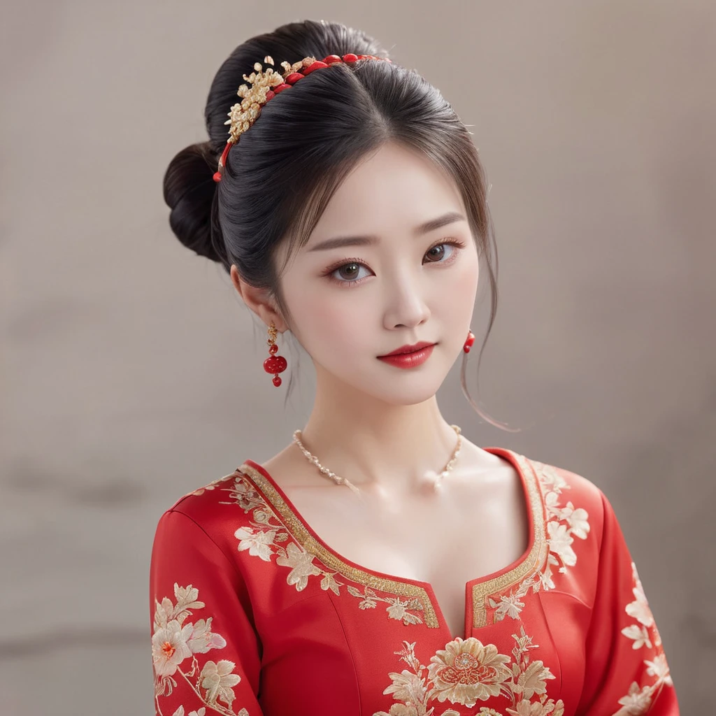 ((Highest quality)), ((masterpiece)), (detailed), （Perfect Face）、The woman has her medium-long hair tied up and is wearing a gorgeous red Chinese dress with gold embroidery and trim, and is dressed luxuriously with gorgeous accessories and an engagement ring.