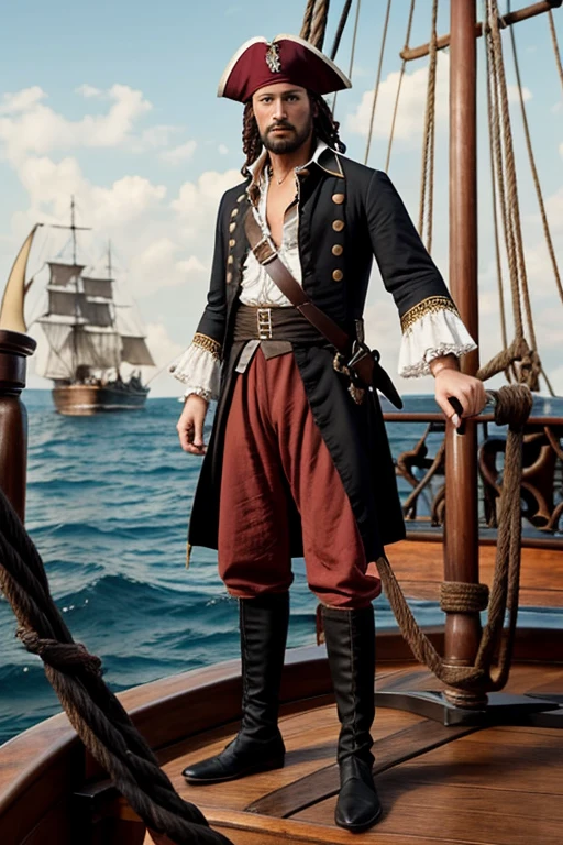 18th Century European Pirates、Full-body figure standing on the deck of a pirate ship、Sharp Gaze、The shirt is open、Draw to the toes、Holding the mast rope、Cinematic