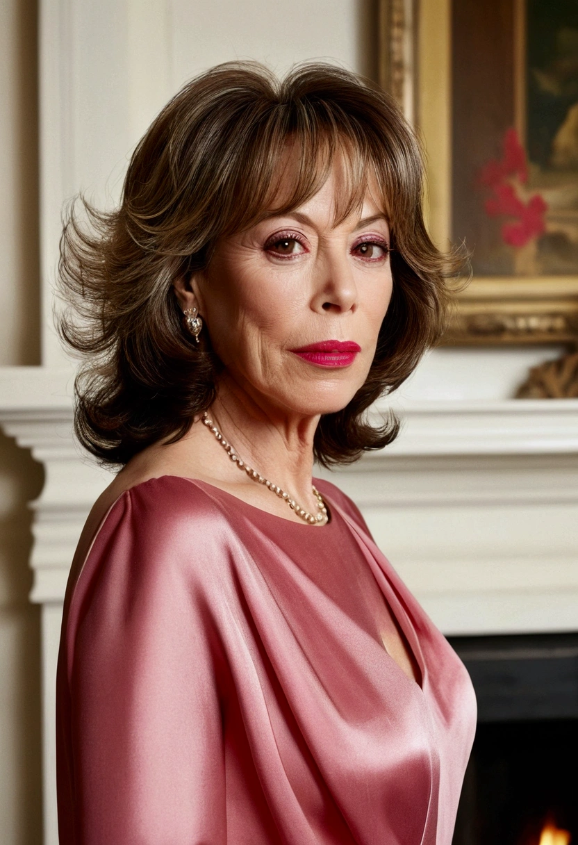 ((rear view Jane Kaczmarek aged 68, linda, (90s style, the haircut is layered and with curtain bangs over the eyes), sensual and seductive, she is standing next to a fireplace, wearing a thin pink silk dress, with a seductive and attractive look of curled eyelashes, sensual mouth with red lipstick, symmetrical face, perfectbody, 苗条, skin depth, delicate and highly detailed face)), using the best shadow and lighting techniques, to create a mesmerizing portrait that transcends the visual, ultra-realistic image, perfect symmetry, vibrant and clear, dynamic view, high level of detail and definition, 1200 PPI – Photographic resolution with greater color realism, hyperrealisti, high fidelity, cinematic, 8K UHD image resolution.