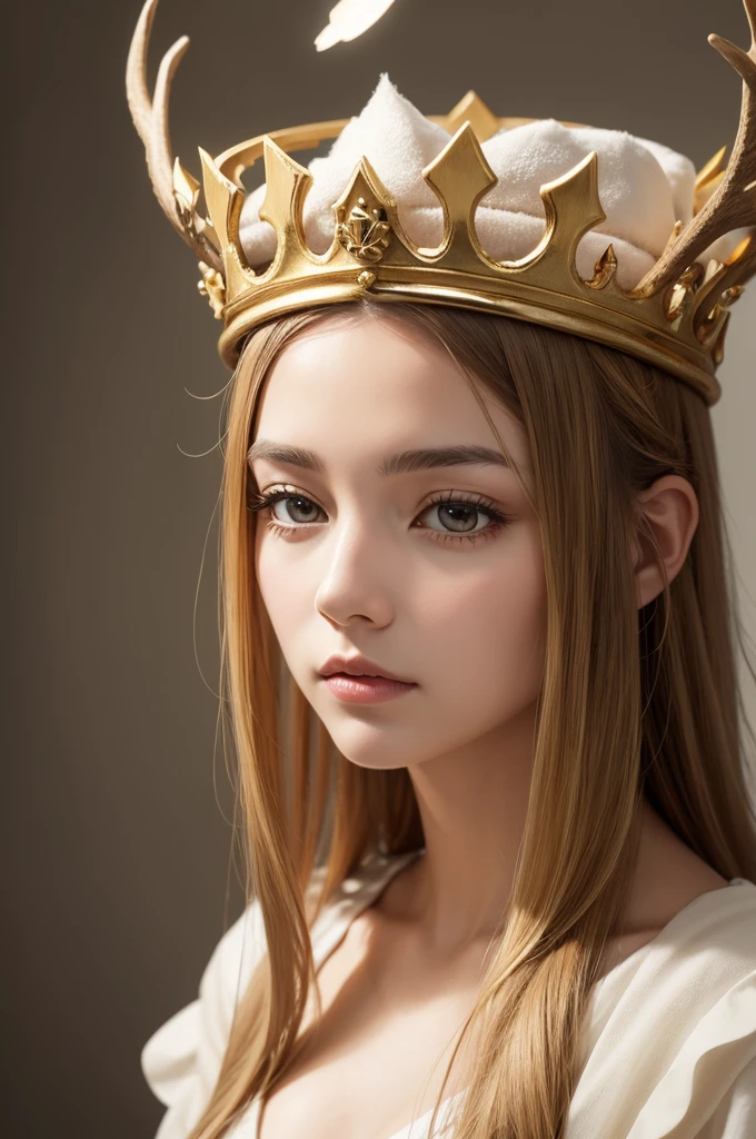 crown made from golden deer antler, the crown must be spectral/translucent and be floating over a woman's head