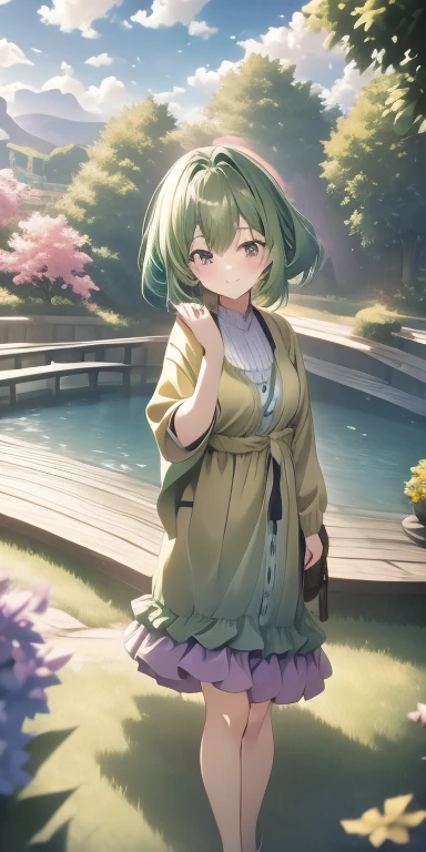 4K　Girl　18-year-old　low length　Glasses　Lake view plateau　fluffy　Chiffon skirt　dress　cardigan　Two Piece　ash green hair color　Glass Eyes　B cup　Earth Colors　anime　comics　smile　fine　Uplifting