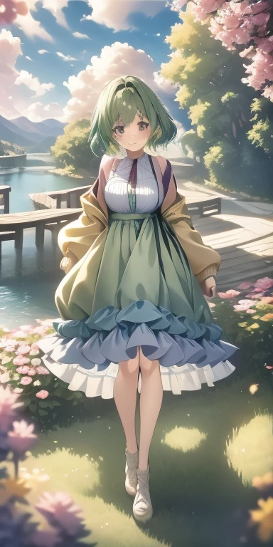 4K　Girl　18-year-old　low length　Glasses　Lake view plateau　fluffy　Chiffon skirt　dress　cardigan　Two Piece　ash green hair color　Glass Eyes　B cup　Earth Colors　anime　comics　smile　fine　Uplifting