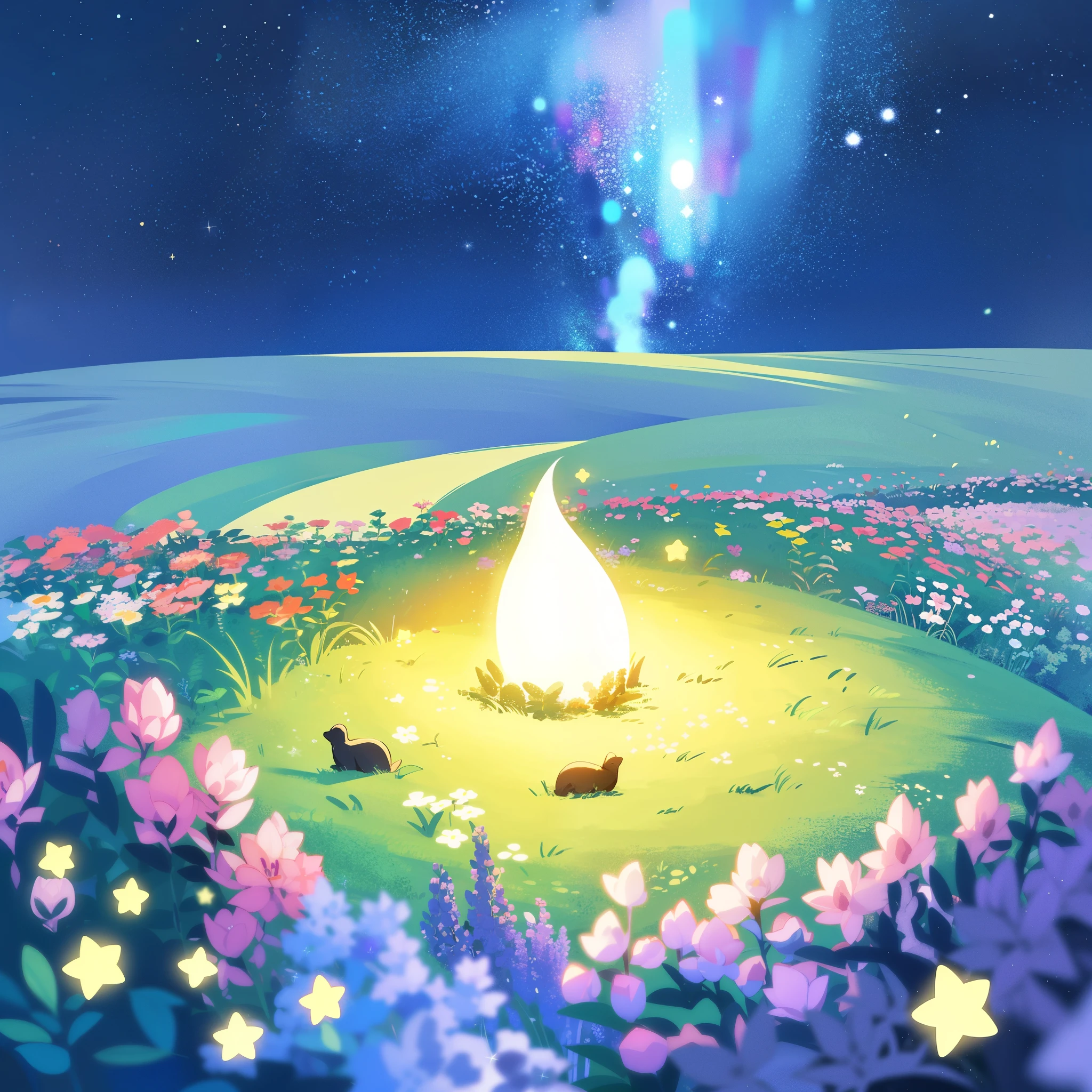 (magical dream flower garden landscape), perfect composition, highly detailed, ethereal, (starry night sky background), midjourney style