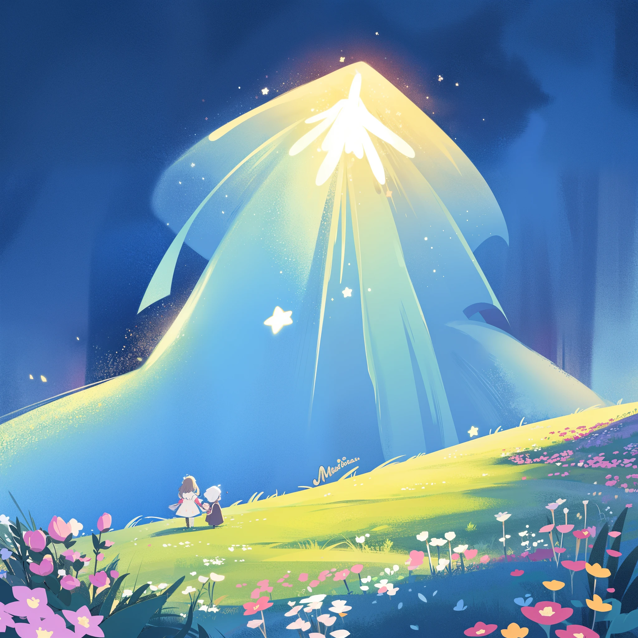 (magical dream flower garden landscape), perfect composition, highly detailed, ethereal, (starry night sky background), midjourney style