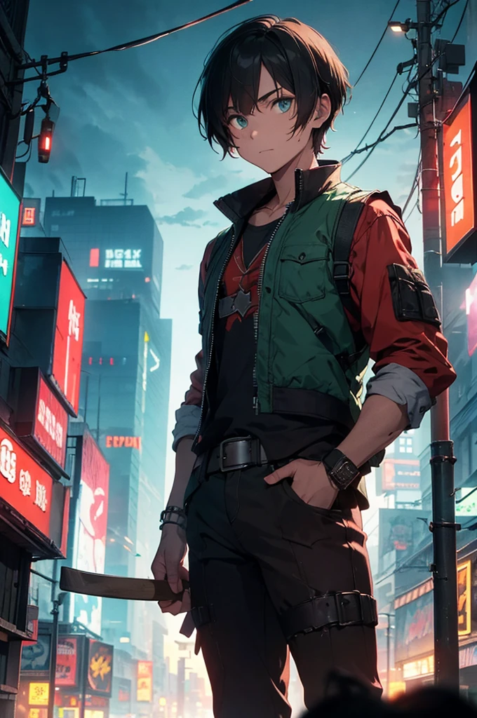 Young man wearing a rocker vest, by the wide, In his right hand he carries an ax that absorbs his blood in a cyberpunk night scene., green red blue cyberpunk background
