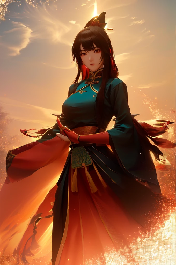 Full body, Chinese martial arts game character, anime beauty, long hair, one sun finger, long sleeves, swordsman 3, holding a fan, peacock feather decoration, art, real material, wind and sand, hand-painted style, 3D