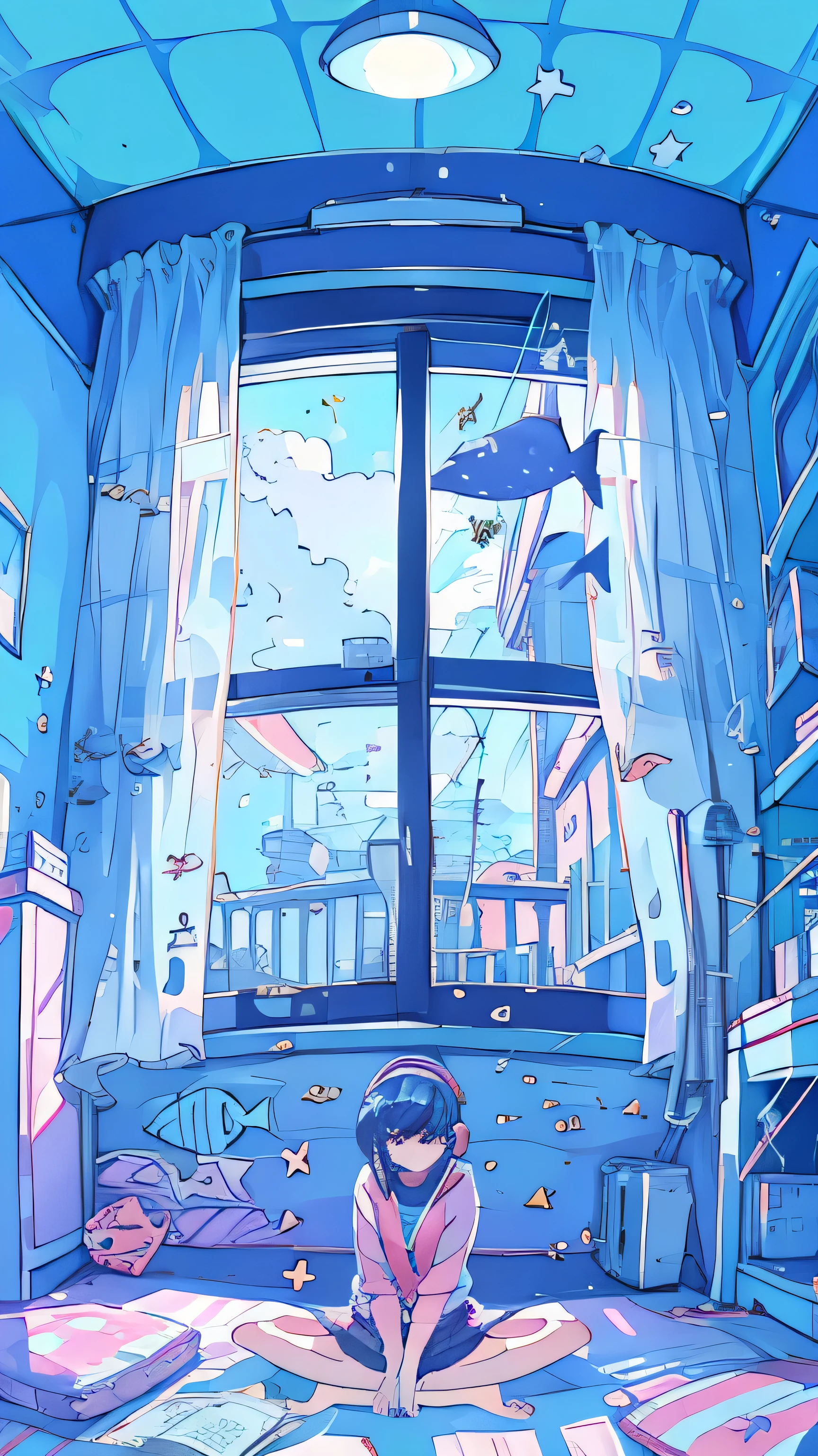 (1 girl)Detailed explanation, Inside the room, Large windows, Girl sitting on the floor looking at you, Headphones, Tropical fish floating, night, stars outside windows, The lights in the room shine
