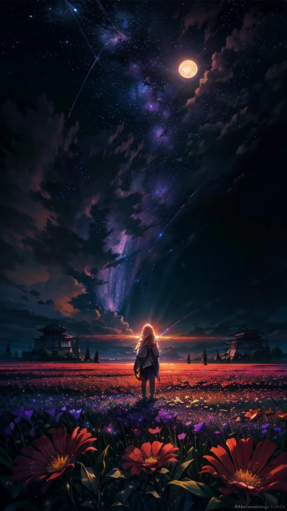 expansive landscape photography, (a bottom view showing the sky above and open country below), a girl standing in a field of flowers looking up, (full moon: 1.2), (shooting stars: 0.9), (nebula : 1.3), distant mountain, BREAK tree production art, (warm light source: 1.2), (Firefly: 1.2), lamp, lots of purple and orange, intricate details, volumetric lighting, BREAK realism (masterpiece: 1.2) , (best quality), 4k, ultra-detailed, (dynamic compositing: 1.4), highly detailed, colorful details, (iridescent colors: 1.2), (bright lighting, atmospheric lighting), dreamy, magical, (solo: 1.2)