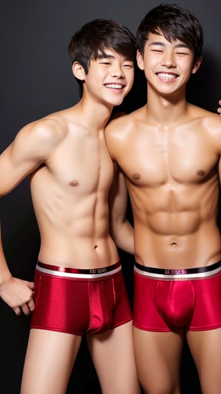 Japanese men、、Muscles and smooth skin、Swimmers、Very short black hair、Relaxed and friendly smile、Metallic red thin boxer briefs、the whole body looks good、Laughing with your mouth open、