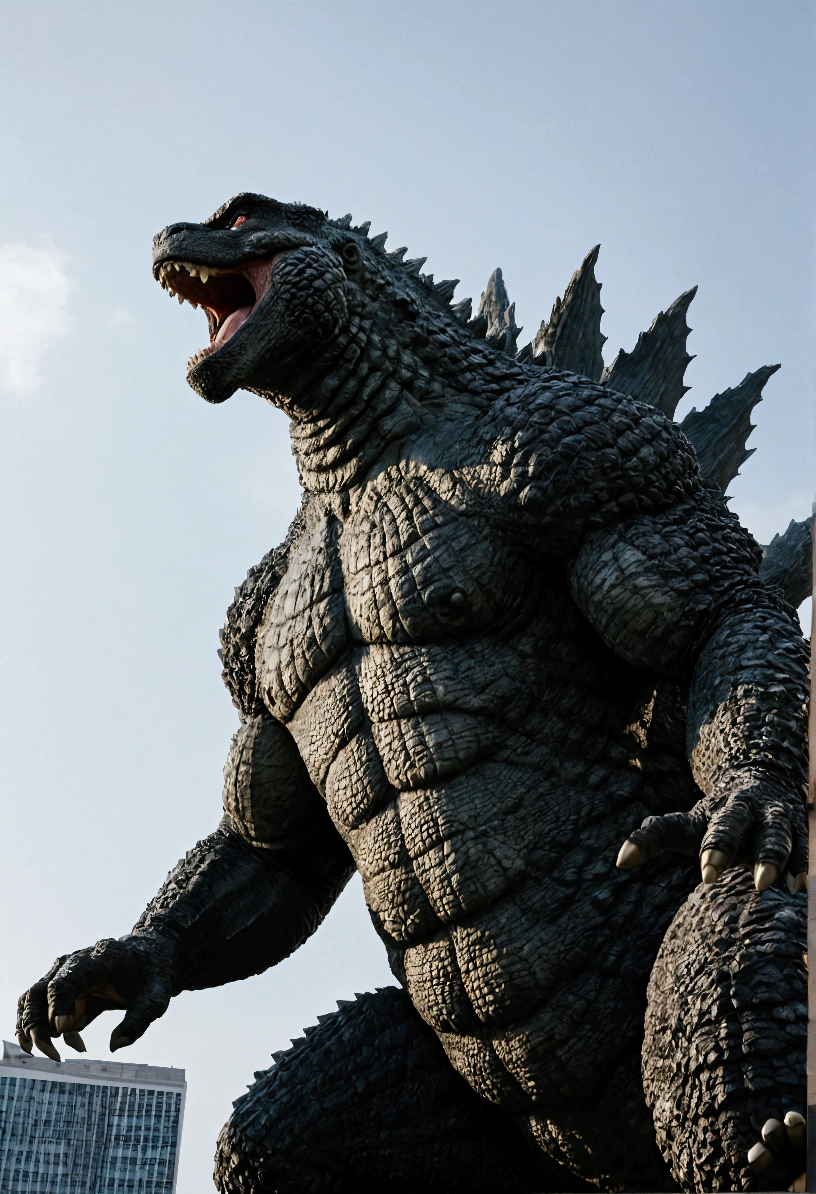 Godzilla is on a rampage in Tokyo, low angle shot