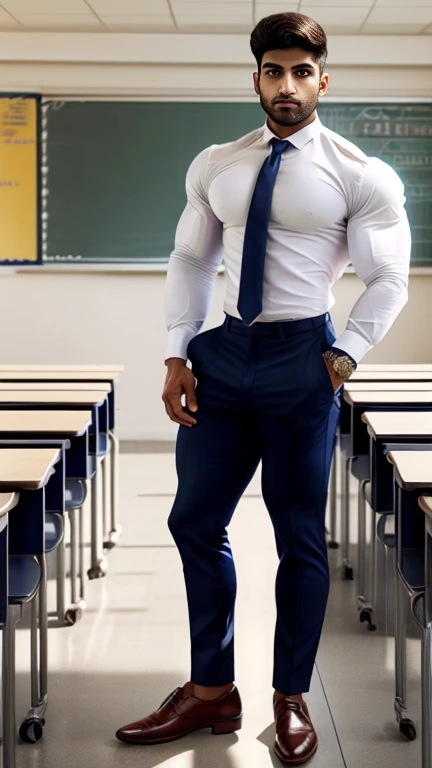 18 years old indian school boy with small beard mascular dark skin jaat with spiky hairstyle in , head to toe, indian school boy, beautiful eyes, large lips, volumeric light, wearing opened white shirt with navy trouser with navy tie, formal black shoes with white socks, huge bulge, muscular chest, long legs, Wide shoulders, nice detailed hands, standing with spread legs in classroom background, sunny day, daylight