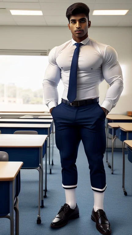 18 years old indian school boy with small beard mascular dark skin jaat with spiky hairstyle in , head to toe, indian school boy, beautiful eyes, large lips, volumeric light, wearing opened white shirt with navy trouser with navy tie, formal black shoes with white socks, huge bulge, muscular chest, long legs, Wide shoulders, nice detailed hands, standing with spread legs in classroom background, sunny day, daylight