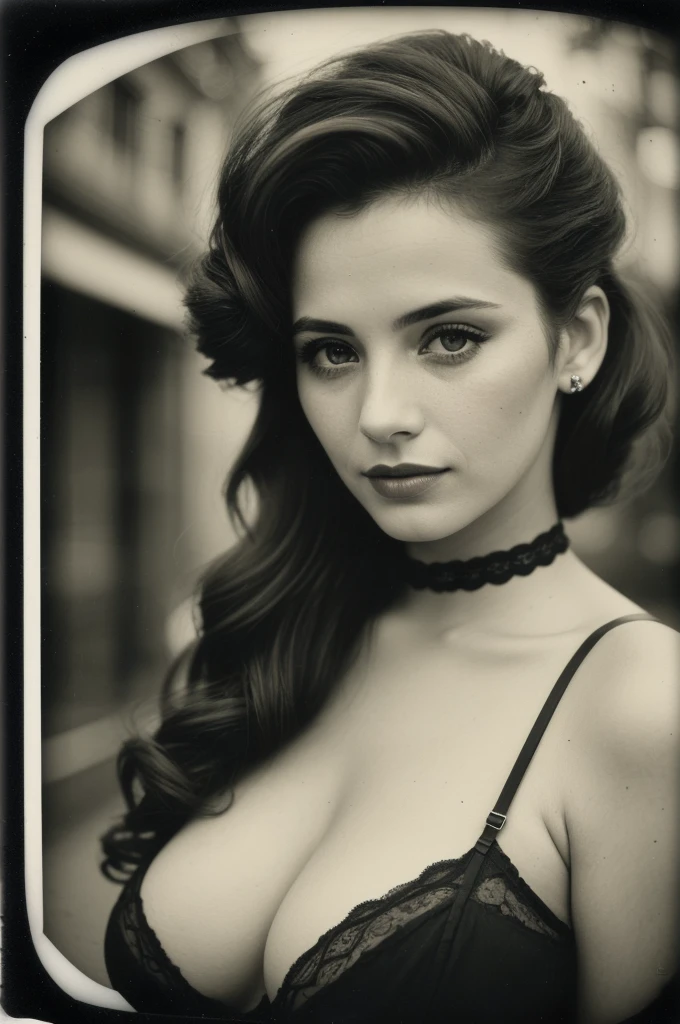 photo of (me1kaw:0.99), closeup portrait, perfect hair, hair upsweep updo, posing, (vintage photo, lingerie), (polaroid frame), 24mm, ((tintype)), (analog, film, film grain:1.3), ((on a Paris street, night, gritty)), ((detailed eyes)), (seductive pose), (epicPhoto), huge breast, big tits,