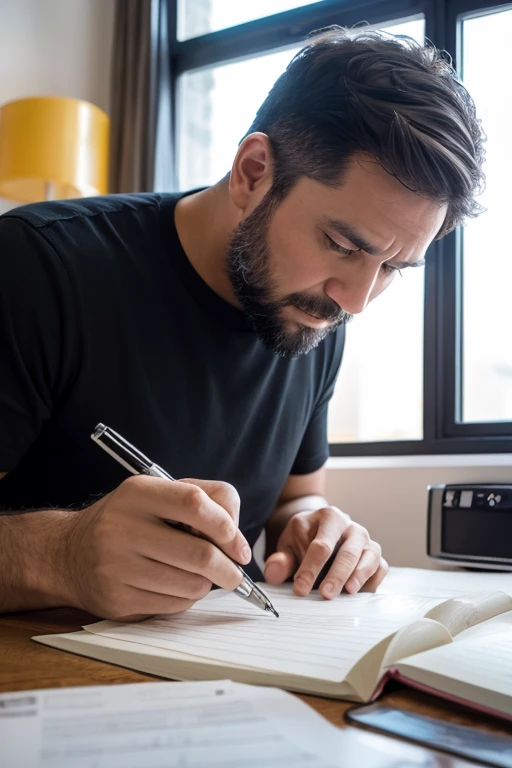 A 40-year-old man writing lyrics