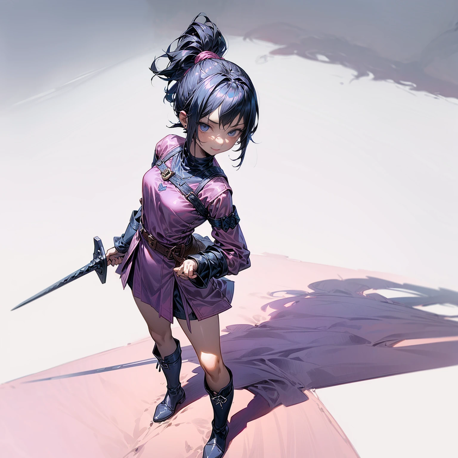 Solo character, full body version, kid girl, short hairstyle, ponytail, black color hair, blue eyes, medieval soldier outfit, pink color clothing, sexy short dress, boots, earrings, (one piece style art), shadow, standing gesture, smile mouth, white simple background, book in hand, Sword in hand, 