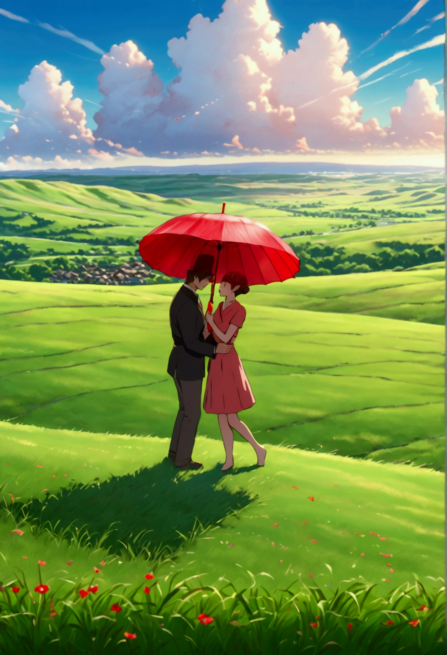 romantic couple standing together on a grassy plain, holding a red umbrella. The man and woman embrace each other tenderly, looking into each other's eyes with love and joy. The scene is set against a backdrop of a vast open landscape, with a beautifully clouded blue sky above. The colors are vibrant and full, enhancing the lush green grass in the foreground that stretches out, providing a soft and lively base for the scene. The image has a slightly painterly effect, with the colors appearing vivid and soft, reminiscent of an anime or watercolor painting. The overall atmosphere is cheerful and romantic, capturing a tender and happy moment between the couple. The focus is on the couple, with the background slightly blurred, adding depth to the composition. The photograph is taken from a wide perspective, making the couple appear far away, and capturing a broad view of the vibrant sky and landscape. This wide-angle approach emphasizes the expansive beauty of the surroundings, highlighting the bright, blue sky and fluffy clouds, along with the rolling grassy fields, creating a joyful and colorful ambiance