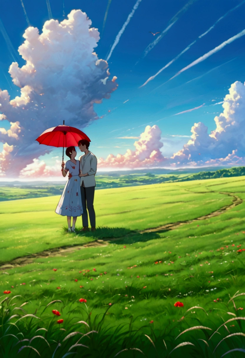  romantic couple standing together on a grassy plain, holding a red umbrella. The man and woman embrace each other tenderly, looking into each other's eyes with love and joy. The scene is set against a backdrop of a vast open landscape, with a beautifully clouded blue sky above. The colors are vibrant and full, enhancing the lush green grass in the foreground that stretches out, providing a soft and lively base for the scene. The image has a slightly painterly effect, with the colors appearing vivid and soft, reminiscent of an anime or watercolor painting. The overall atmosphere is cheerful and romantic, capturing a tender and happy moment between the couple. The focus is on the couple, with the background slightly blurred, adding depth to the composition. The photograph is taken from a wide perspective, making the couple appear far away, and capturing a broad view of the vibrant sky and landscape. This wide-angle approach emphasizes the expansive beauty of the surroundings, highlighting the bright, blue sky and fluffy clouds, along with the rolling grassy fields, creating a joyful and colorful ambiance