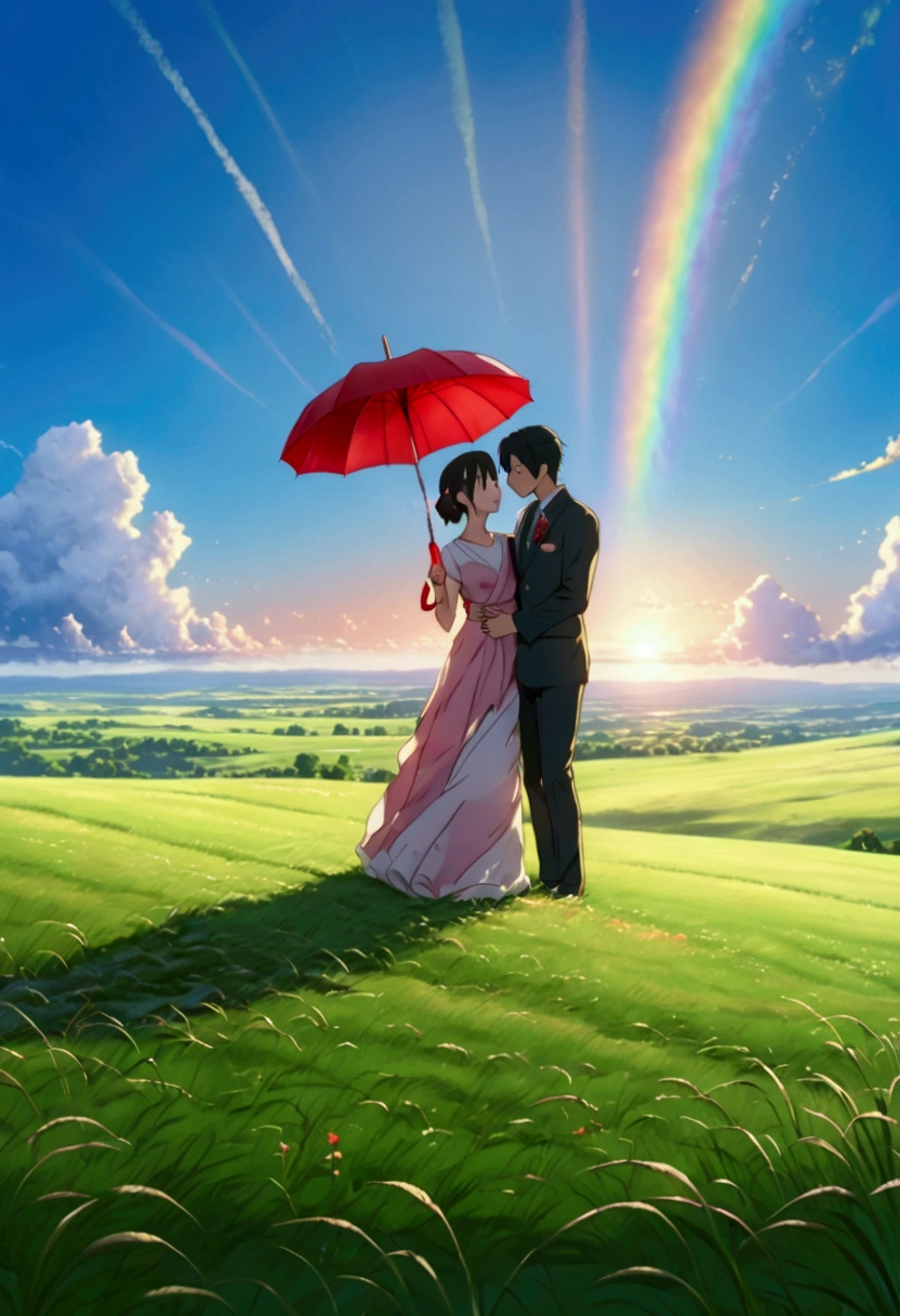  romantic couple standing together on a grassy plain, holding a red umbrella. The man and woman embrace each other tenderly, looking into each other's eyes with love and joy. The scene is set against a backdrop of a vast open landscape, with a beautifully clouded blue sky above. The colors are vibrant and full, enhancing the lush green grass in the foreground that stretches out, providing a soft and lively base for the scene. The image has a slightly painterly effect, with the colors appearing vivid and soft, reminiscent of an anime or watercolor painting. The overall atmosphere is cheerful and romantic, capturing a tender and happy moment between the couple. The focus is on the couple, with the background slightly blurred, adding depth to the composition. The photograph is taken from a wide perspective, making the couple appear far away, and capturing a broad view of the vibrant sky and landscape. This wide-angle approach emphasizes the expansive beauty of the surroundings, highlighting the bright, blue sky and fluffy clouds, along with the rolling grassy fields, creating a joyful and colorful ambiance