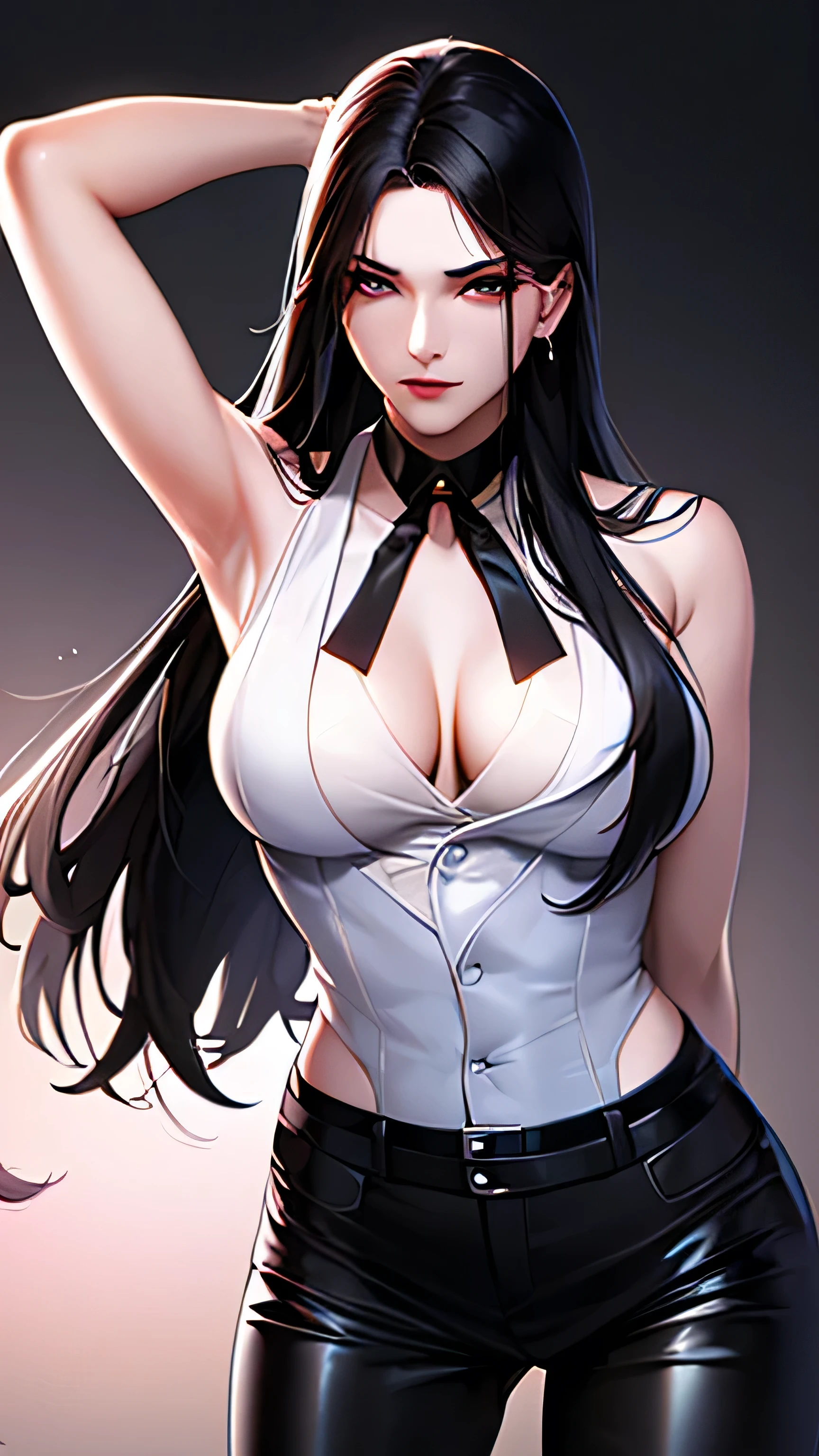 1 girl, 23 years old, long black hair, handsome face, sleeveless business suit, red tie,show cleavage, long black pants, black leather gloves,boxing stance, punching,high quality, masterpiece