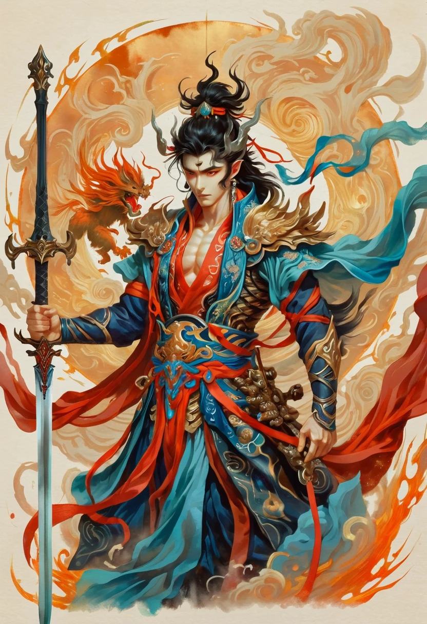 a drawing of a man with a sword and a demon, beautiful male god of death, mohrbacher, Inspired by Shunkōsai Hokushū, in the art style of mohrbacher, asura from chinese myth, the god of chaos, inspired by Ryūkōsai Jokei, in style of peter mohrbacher