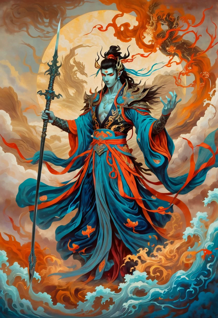 a drawing of a man with a sword and a demon, beautiful male god of death, mohrbacher, Inspired by Shunkōsai Hokushū, in the art style of mohrbacher, asura from chinese myth, the god of chaos, inspired by Ryūkōsai Jokei, in style of peter mohrbacher