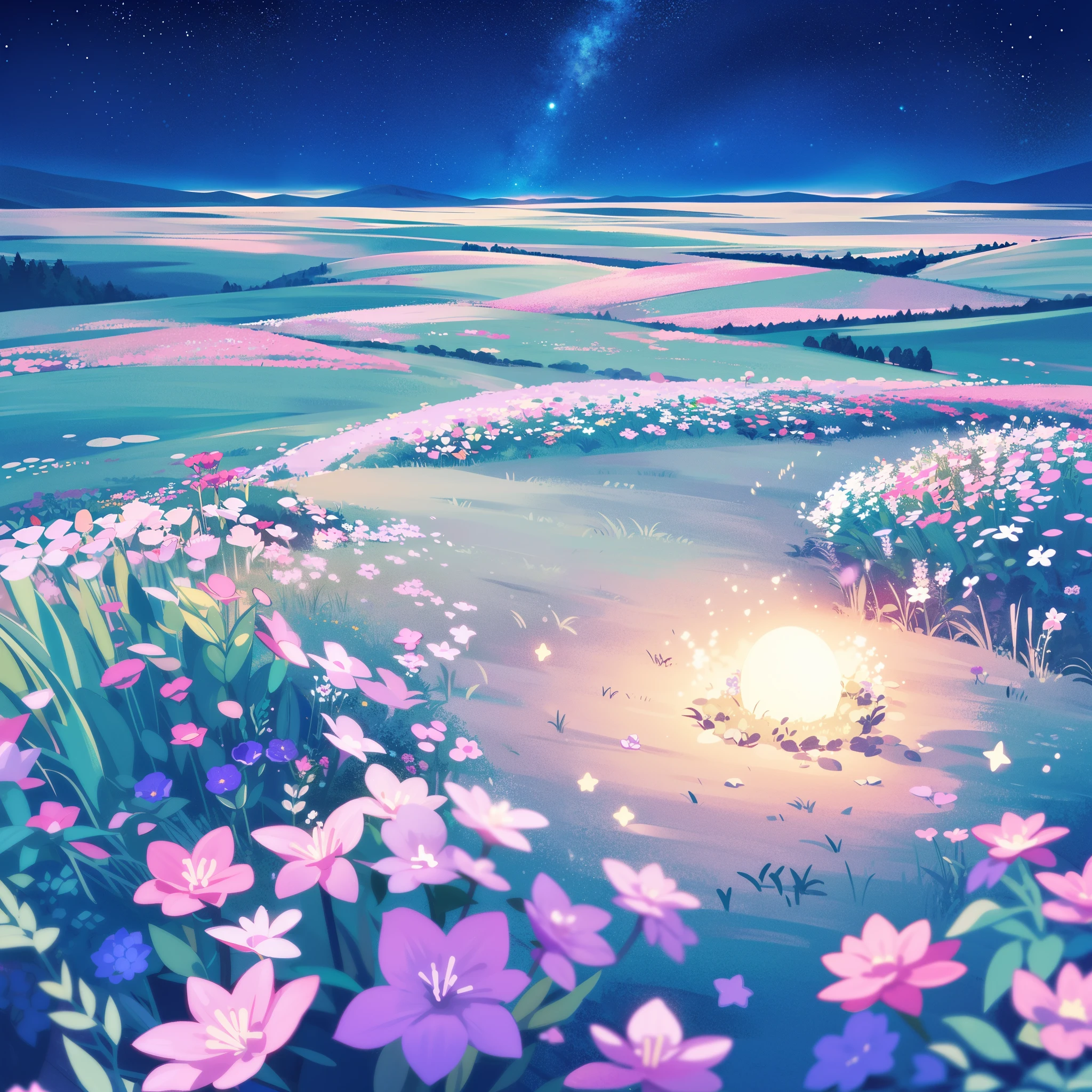 (magical dream flower garden landscape), perfect composition, highly detailed, ethereal, (starry night sky background), midjourney style, blue, pink, purple, mint, lilac, blues