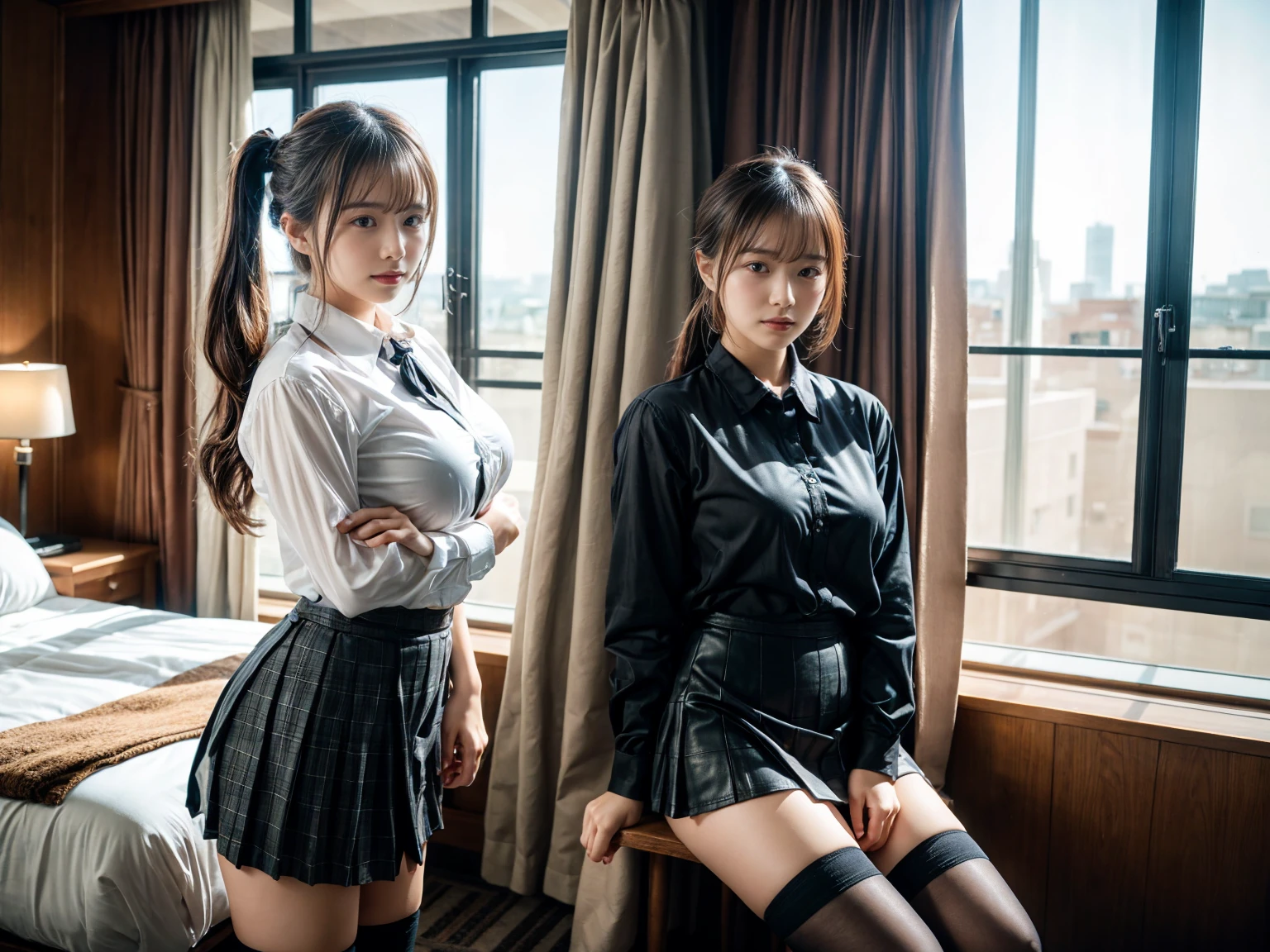 (8K, RAW Photos, Highest quality, masterpiece:1.2), (professional photography, full colors, studio-caliber color grading), (Gravure quality for high-end fashion magazines), (2 girls), BREAK,18 year old girl, (fluffy ponytail:1.2), Big Natural Color Lip, Plumpy body, (smooth skin:1.1), huge breasts, BREAK, (collared shirt:1.1), pleated skirt, knee high socks, BREAK, hotel room, cute , ta