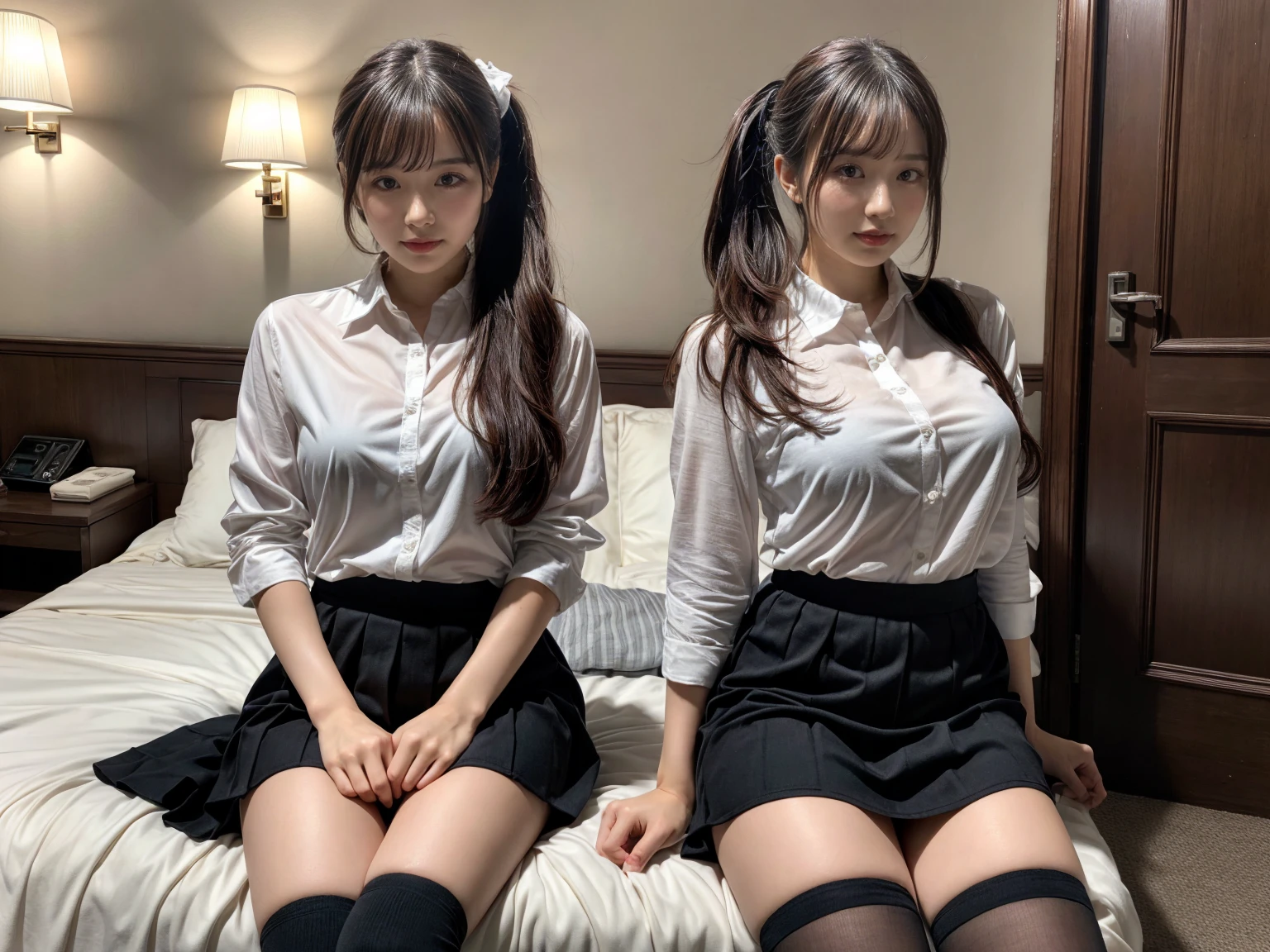 master piece, best quality, illustration, Super detailed, fine details, High resolution, 8K,wall paper, perfect dynamic composition,(Details High quality, realistic depiction of eyes:1.3),((2 girls)), (Fashionable, a belt black suspenders, Aside Cutter Shirt, a miniskirt, garterbelts), short bob hair, large breasts, black hair color, Big Natural Color Lip, (perfect body shape), Touching each other's bodies,Touching the body of the girl next door,crying a little、cold gaze, Harajuku style、20 year old girl、beautiful legs, hotel room, Gravure Idol, Voluptuous thighs, (woman on top, straddling, sitting)