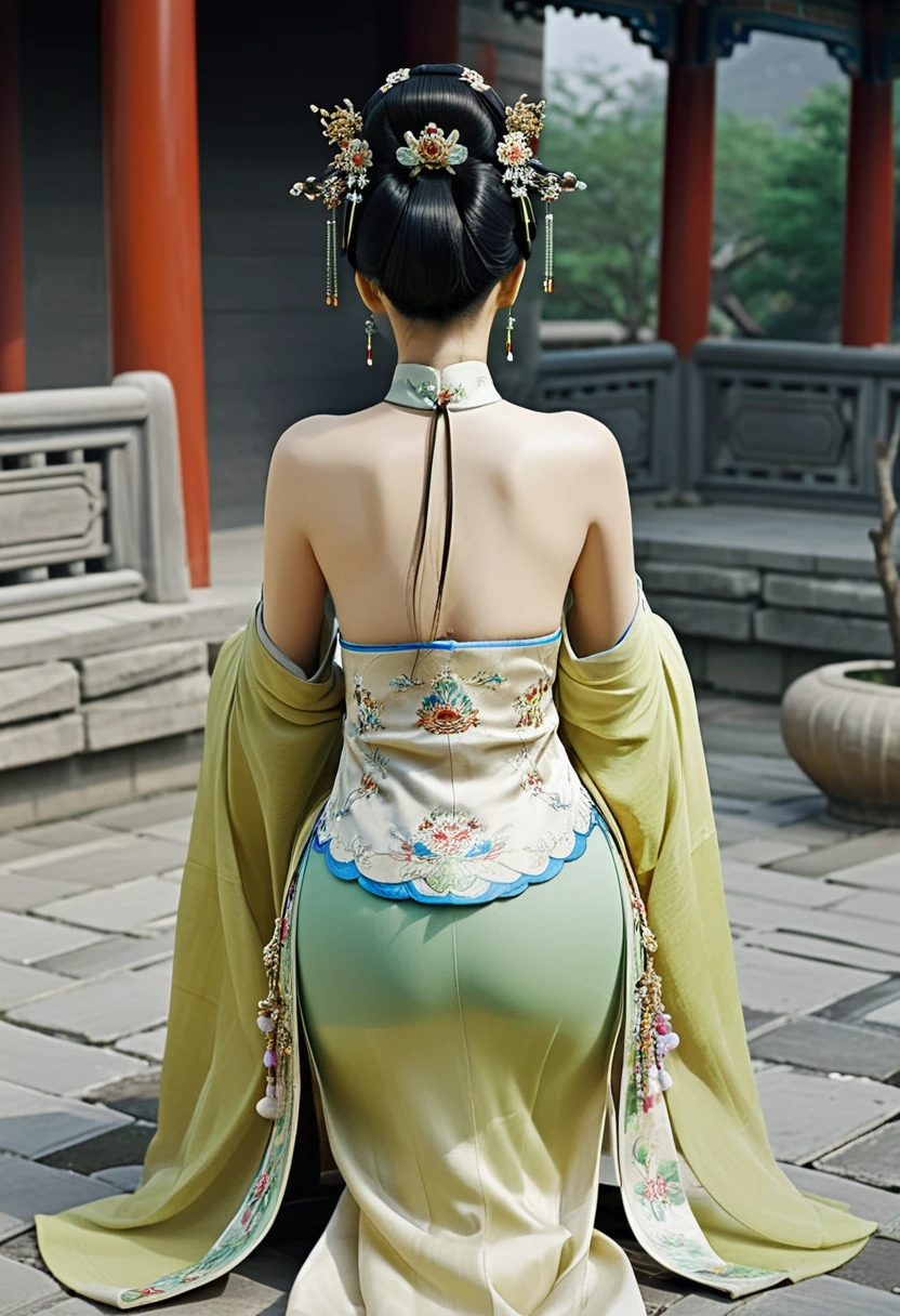 
The image of a Qing Dynasty Empress with her bare buttocks visible. The background is the stone paving outside a Chinese palace during the Qing Dynasty. Only her large buttocks are sticking out. She is either wearing underwear or not. Her protruding buttocks are floating up in the air.　　　　　　　　　　　　　　　　　　　　　　　　　　　　　　
Her hair is decorated with a large flower ornament and a large crown.　
The back of the hair is tied up and up.　Erotic Woman