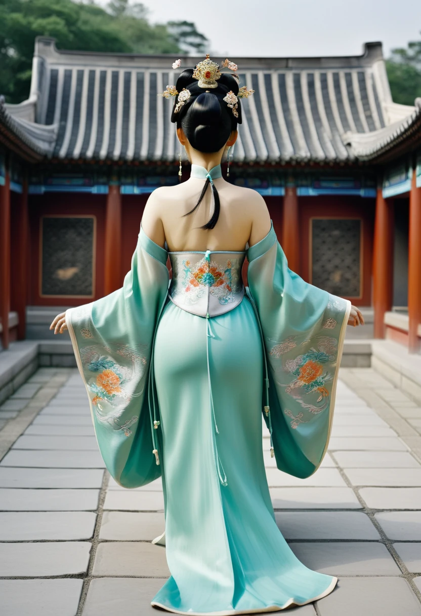 The image of a Qing Dynasty Empress with her bare buttocks visible. The background is the stone paving outside a Chinese palace during the Qing Dynasty. Only her large buttocks are sticking out. She is either wearing underwear or not. Her protruding buttocks are floating up in the air.
Her hair is decorated with a large flower ornament and a large crown.
The back of the hair is tied up and up. Erotic Woman