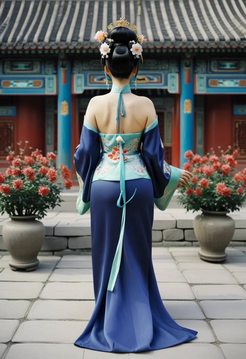
The image of a Qing Dynasty Empress with her bare buttocks visible. The background is the stone paving outside a Chinese palace during the Qing Dynasty. Only her large buttocks are sticking out. She is either wearing underwear or not. Her protruding buttocks are floating up in the air.　　　　　　　　　　　　　　　　　　　　　　　　　　　　　　
Her hair is decorated with a large flower ornament and a large crown.　
The back of the hair is tied up and up.　Erotic Woman