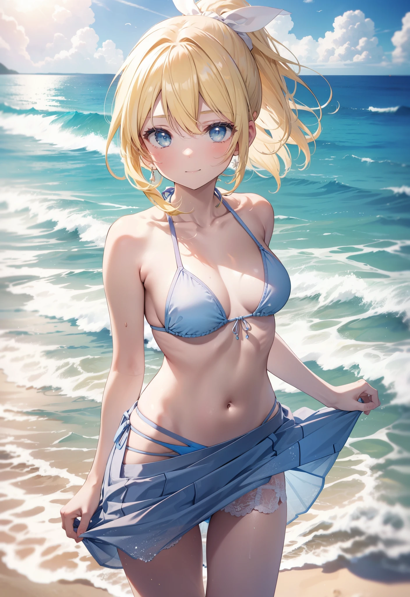 Eliase, catalyst, Yellow Hair, blue eyes, ponytail, Hair Ribbon, Open your mouth,clavicle,smile,Light blue bikini swimsuit,barefoot,pararel, A thin long skirt tied around the waist,belly button,abdomen, whole bodyがイラストに入るように,Stroll along the sandy beach,
break outdoors, Beach,
break looking at viewer, whole body, (Cowboy Shot:1. 5)
break (masterpiece:1.2), Highest quality, High resolution, unity 8k wallpaper,, (shape:0.8), (Beautiful attention to detail:1.6), Highly detailed face, Perfect lighting, Extremely detailed CG, (Perfect hands, Perfect Anatomy),