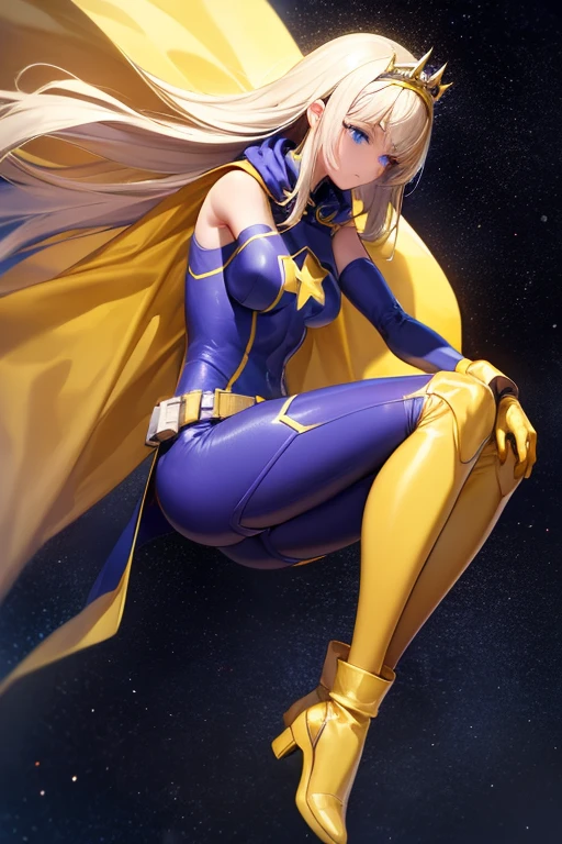 ((best quality)), ((masterpiece)), (detailed), 1 girl, Full body, 19 years old, Sad face, Blue eyes, Empty eyes, Star-shaped tiara, Arms forward, Eye mask, Blue superhero mask, Blonde hair, Straight hair, Long hair, Bangs, 2 star clips on the sides of the hair, Full body, Medium breasts, Slim body, Creating a small yellow star on her hands, Hands forward, Yellow wristbands, Long purple gloves, Blue gloves, Superhero costume, Superheroes, Yellow leotard suit, With a big yellow star in the center, Star emblem, Something tight, Long yellow cape on the waist, Red belt, Purple legs, Blue boots, Legs forward, Looking down, Sitting on a meteor, Space background, Anime