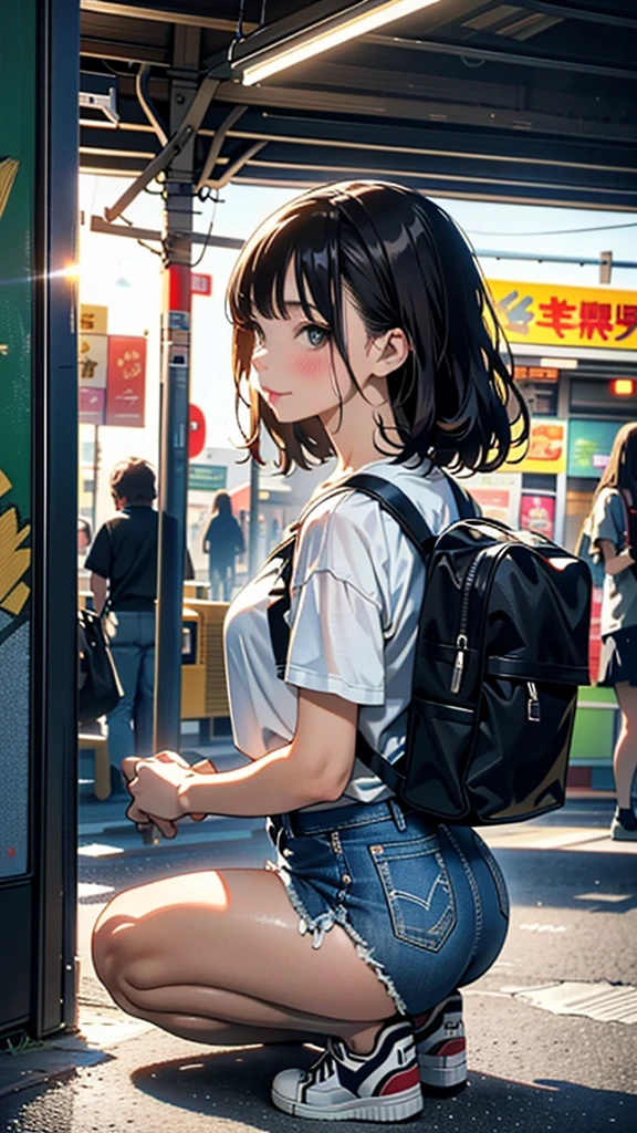 (8k, RAW Photos, 最high quality, masterpiece:1.2), high qualityのRAWカラー写真, Professional photo shoot, Cinematic Light, alone, (((Young woman and middle-aged man, Gal))), (Sharp features), (Small face), (Skin with attention to detail:1.2), clavicle, Cute Face, Beautiful appearance, Long eyelashes,Girl Turning Around, smile, (Brown Hair, Long straight line),  Jersey, Grey denim mini skirt, sneakers, Backpack,  Night Park, Confident attitude, Capture the happy moment, Artistic painting,Attractive thighs, (Very nice touch:1.2),はにかんだsmile), Peaceful atmosphere, Oil painting style, Bright colors, (Are standing:1.5, Inside a convenience store, Full body portrait), Smooth texture, Gazing Eyes, Beautiful Skin, Glowing Skin, ((Perfect Fingers, Five Fingers, Anatomically correct)), Background Blur, high quality, Surreal, ((Very detailed, photo shoot)),Many people々、blush、Plump、Blowjob、Lick、Side view、squat、Sucking a man's