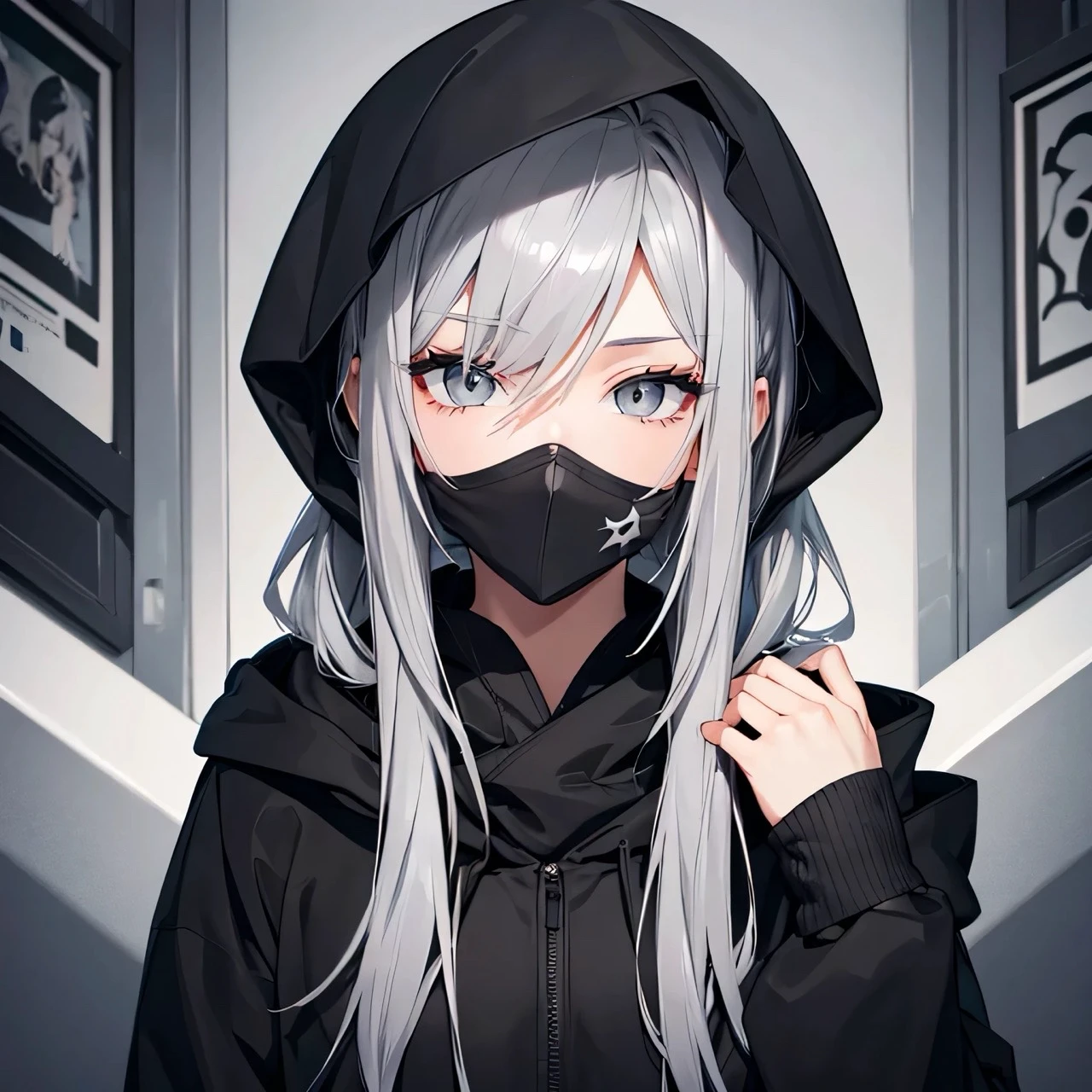 Beautiful youth,Silver Hair,((Grey Eyes)), Shoulder-length hair, Black Mask, Black hoodie, Wearing a hood,high quality, Draw Amount, Pixiv illustration